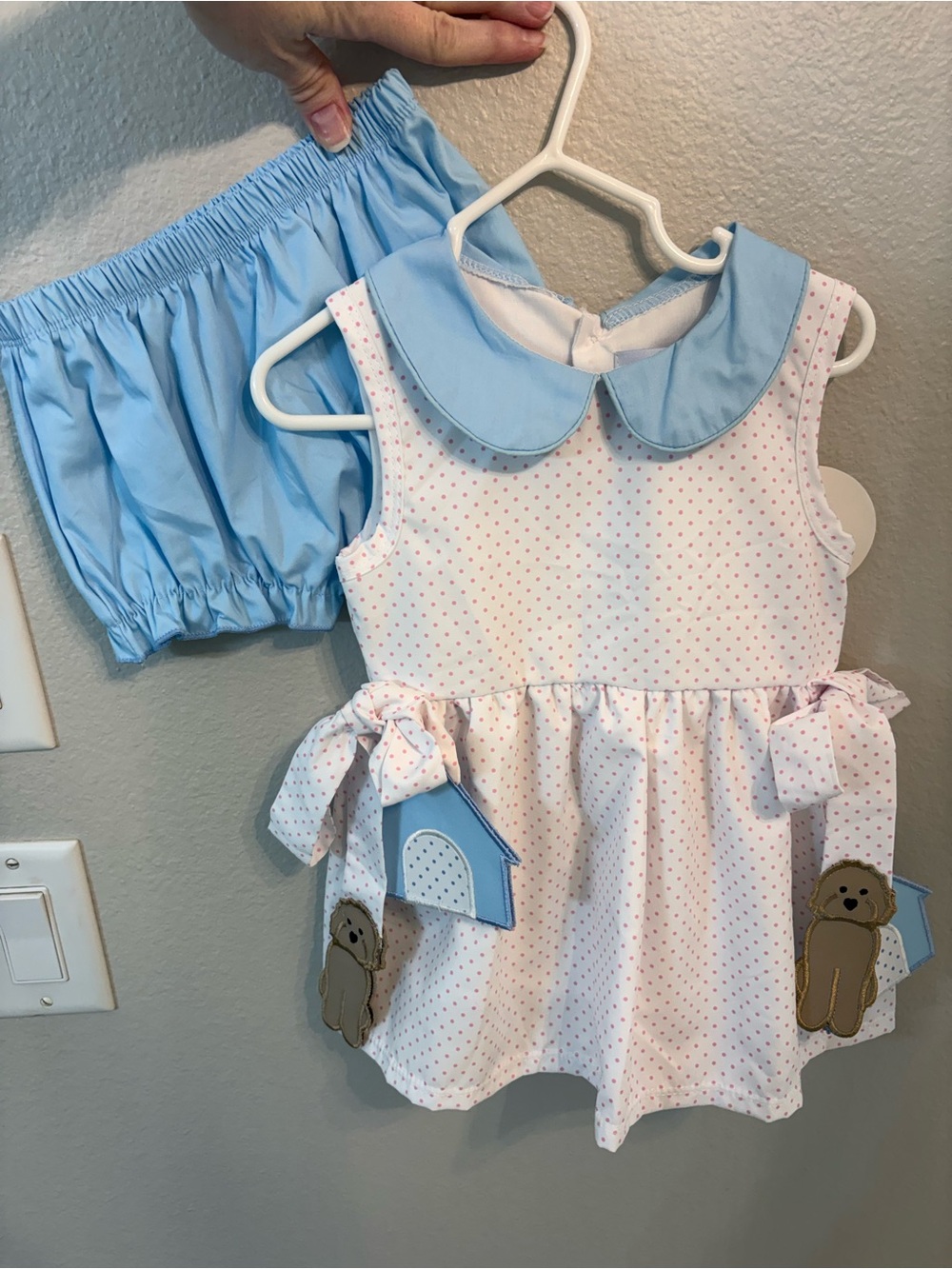 NWT Baby Girl Peter Pan Collar Preppy Blue White Puppy Bloomer Top Set Dog 2T